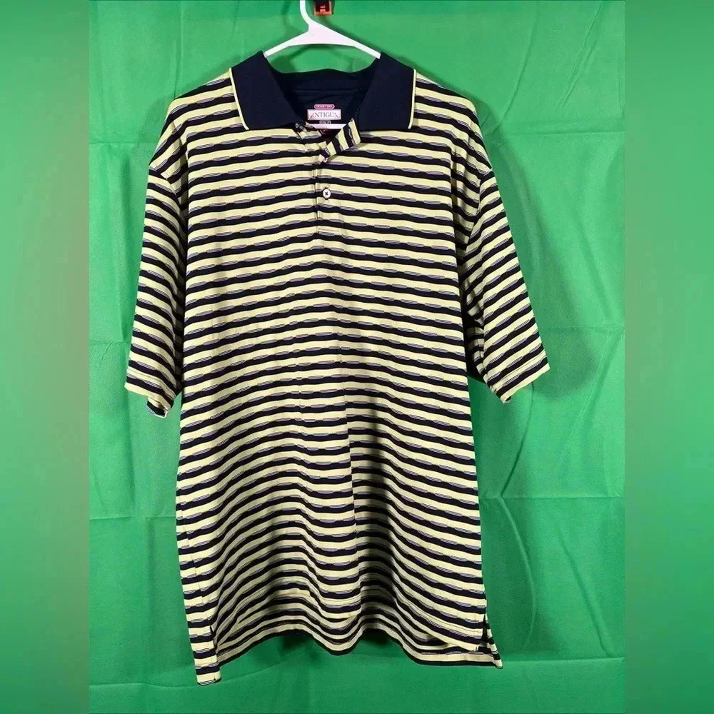 Antigua Gold Polo Shirt - Mens Size L green striped Collar Short Sleeve